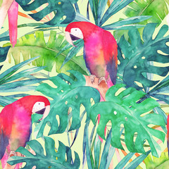 Handdoek met foto Papegaai patronen Aquarel papegaai zomers tropisch dessin  © natikka