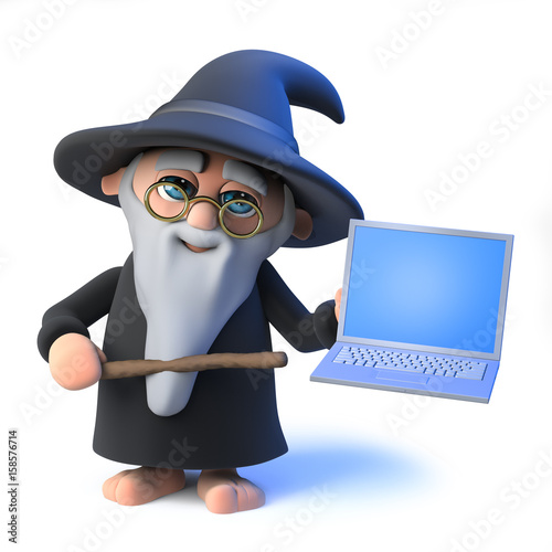 3d Funny cartoon wizard magician waves his magic wand at a laptop pc device photo