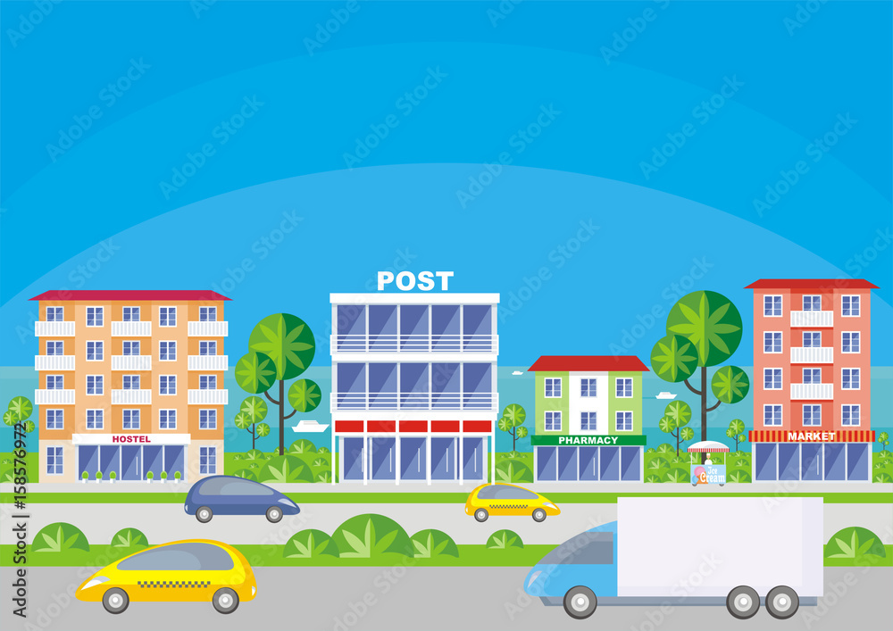 Street of the small resort seaside town. Houses in an environment of tropical plants. Vector background.