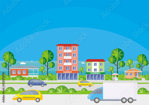 Street of the small resort seaside town. Houses in an environment of tropical plants. Vector background. © olga_a_belova