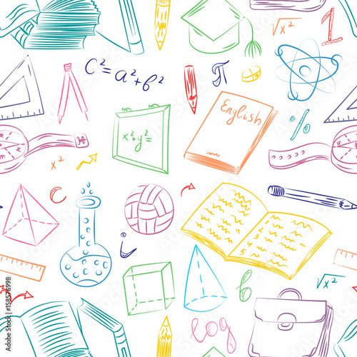 Seamless Pattern with Colorful Hand Drawn School Symbols.