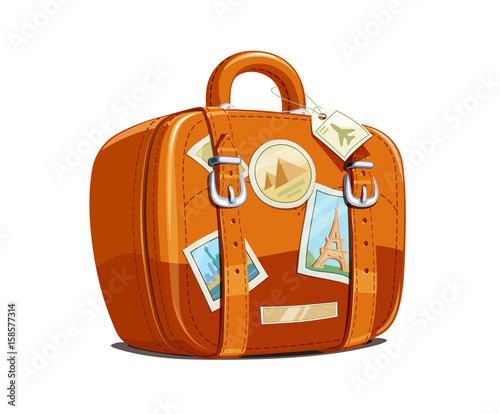 Suitcase for travel with stickers. Touristic baggage. Vintage