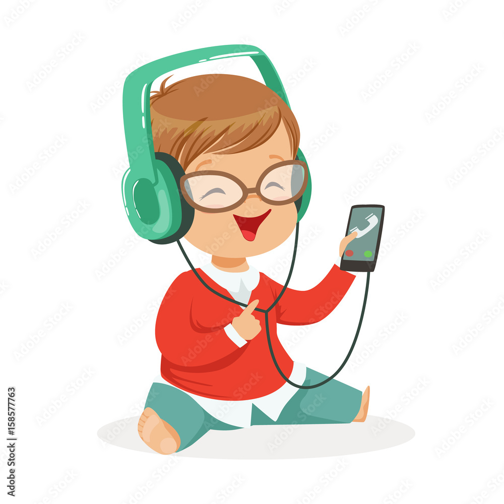Smiling little boy sitting on the floor and listening to music in headphones,  colorful cartoon character vector Illustration Stock Vector | Adobe Stock