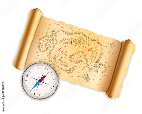 Ancient pirate map on old paper with glossy compass isolated on white