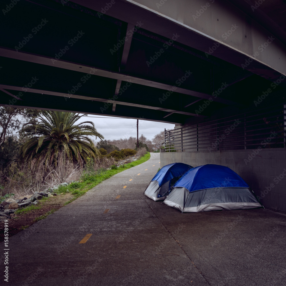 Homeless under a bridge