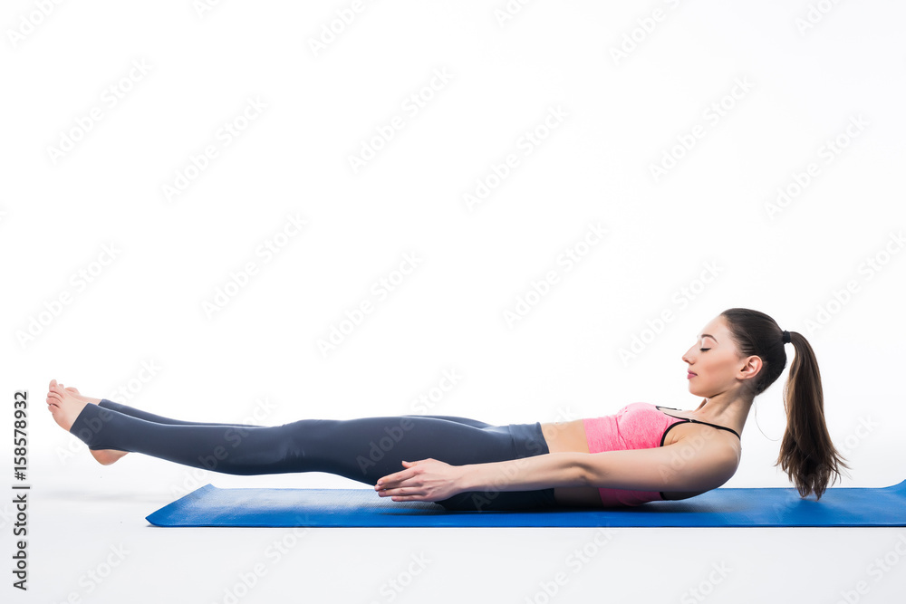 Concept of Set of yoga poses by slim beauty woman, isolated on white background Concept of Set of yoga poses by slim beauty woman, isolated on white background