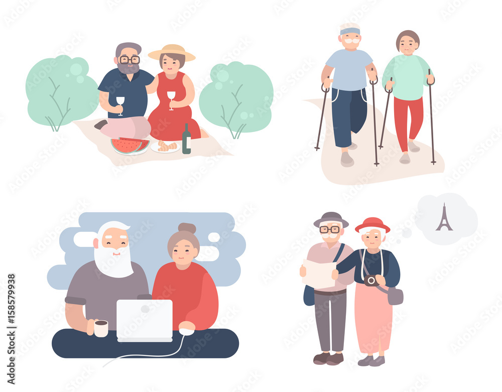 Set of happy elderly couple. Grandparents in different situations collection. Active lifestyle of old people. Colorful vector illustration in cartoon style. Set of happy elderly couple. Grandparents in different situations collection. Active lifestyle of old people. Colorful vector illustration in cartoon style.