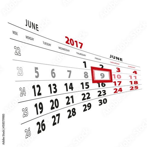 9 June highlighted on calendar 2017. Week starts from Monday.