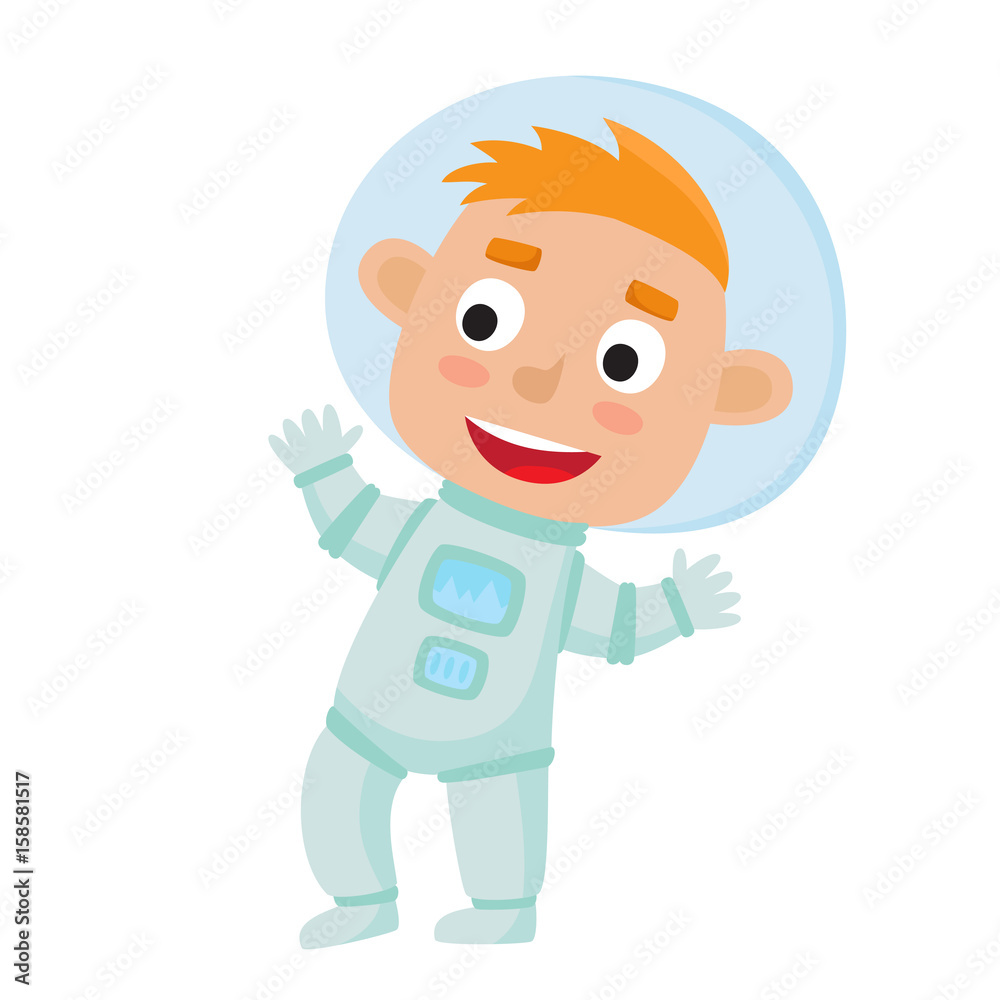 Standing astronaut kid isolated on white background. Cartoon pre