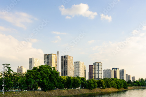 The Front de Seine cityline in the 15th district of Paris with the river Seine in the foreground.