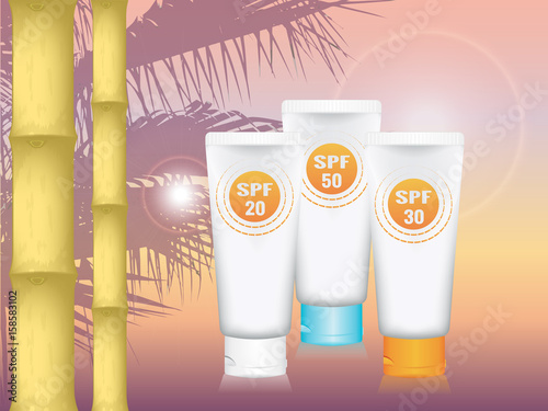 realistic vector cosmetic tubes for cream on a background of palm and South of sunset. three colors SPF