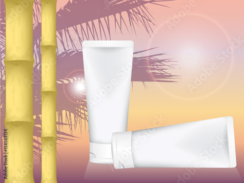 realistic vector cosmetic tubes for cream on a background of palm and South of sunset. in two projections. mock up template