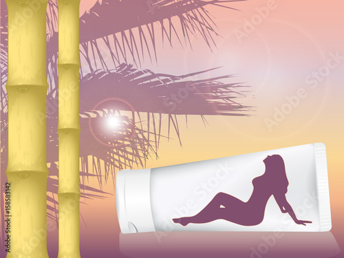 realistic vector cosmetic tubes for cream on a background of palm and South of sunset. silhouette of tanned girls. mock up template