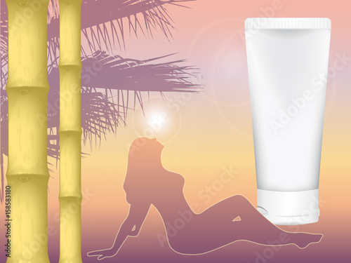 realistic vector cosmetic tube for cream amid the southern dusk. sunset. girl sunbathing in the rays of the sun. bamboo. mock up