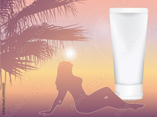realistic vector cosmetic tube for cream amid the southern dusk. sunset. girl sunbathing in the rays of the sun. mock up