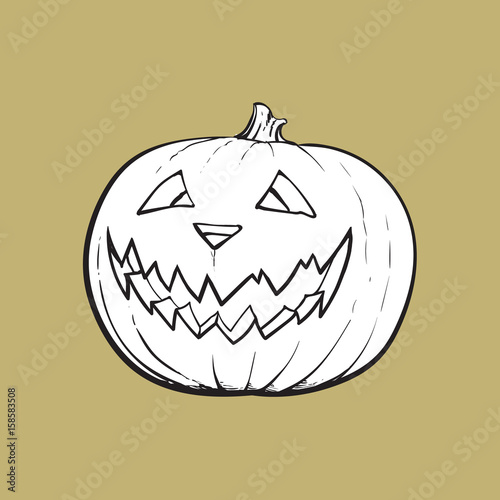 Jack o lantern, ripe pumpkin with carved scary face , traditional Halloween symbol, sketch vector illustration isolated on background. Hand drawn Halloween pumpkin, jack o lantern