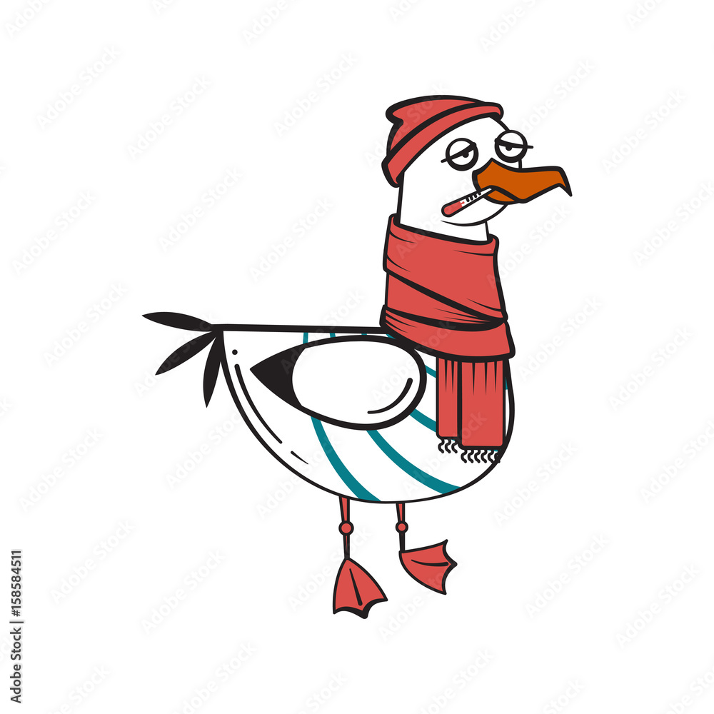 Obraz premium Funny cartoon seagull, sick.