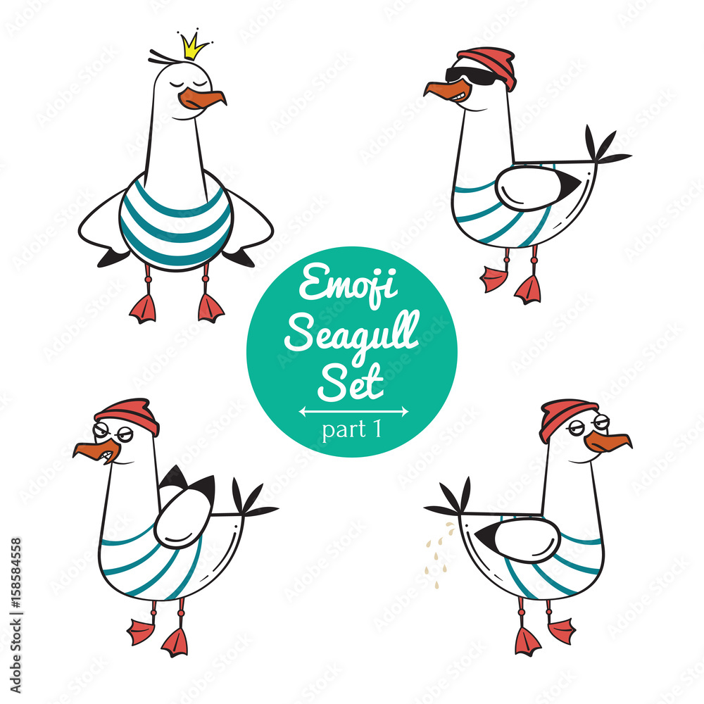 Fototapeta premium Emoji seagull vector set. Part 1