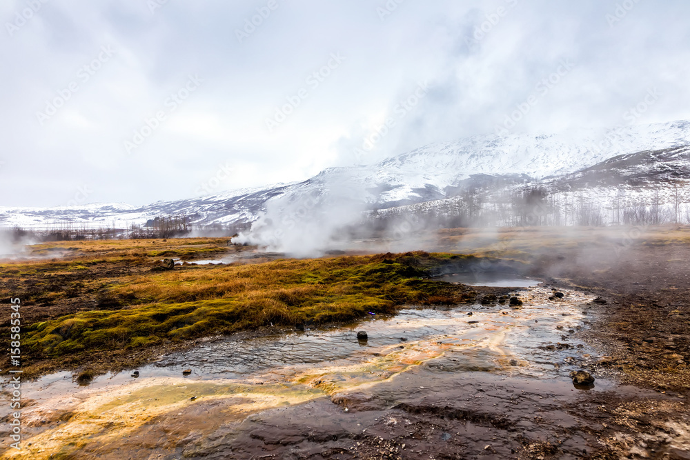 Erupting of the Great Geysir lies in Haukadalur valley