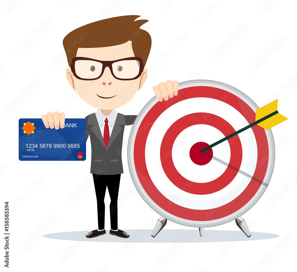 Cartoon businessman holding target and plastic card. Stock vector illustration for poster, greeting card, website, ad, business presentation, adve Cartoon businessman holding target and plastic card. Stock vector illustration for poster, greeting card, website, ad, business presentation, adve