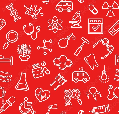Medicine, red background, seamless, contour icons, vector. White, line drawings, medical services and instruments on a red field. Vector background. 