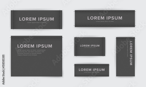 Set of different textile tags. Collection of narrow, wide, large, small, vertical, horizontal labels for clothes. Vector black sticker with place for text.