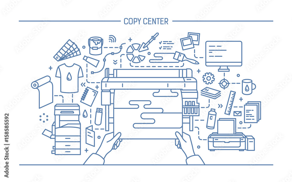 Concept of copy center, print shop, publishing. Horizontal banner with printer, monitor, scanner, different equipment. Black and white vector illustration in lineart style.