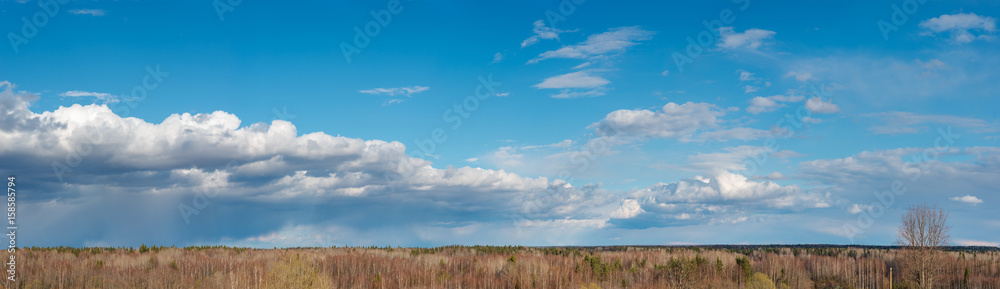 Panorama image of blue sky with white clouds over the forest. Vologda region, Russia Panorama image of blue sky with white clouds over the forest. Vologda region, Russia