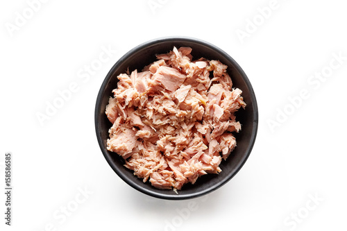 Bilde på lerret Bowl of canned tuna isolated on white, from above