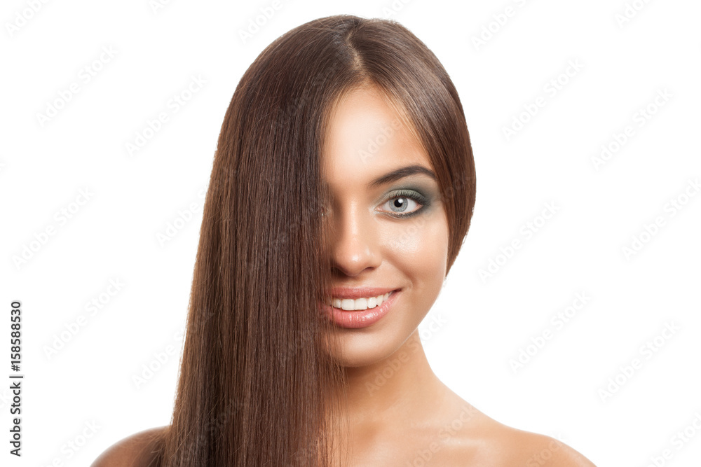 Happy smiling woman with straightened hair. Isolated on white Happy smiling woman with straightened hair. Isolated on white