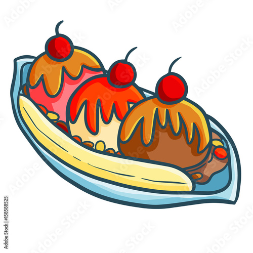 Funny and yummy banana split with three scopes ice cream - vector