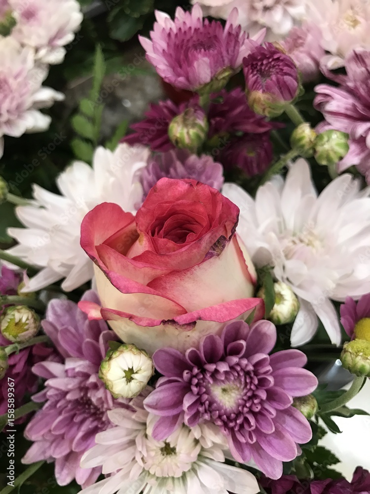 Φωτογραφία A pink rose stand out among  variety flowers.