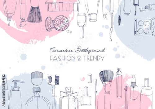 Fashion cosmetics horizontal background with make up artist objects and watercolor spots. Vector hand drawn illustration with place for text.