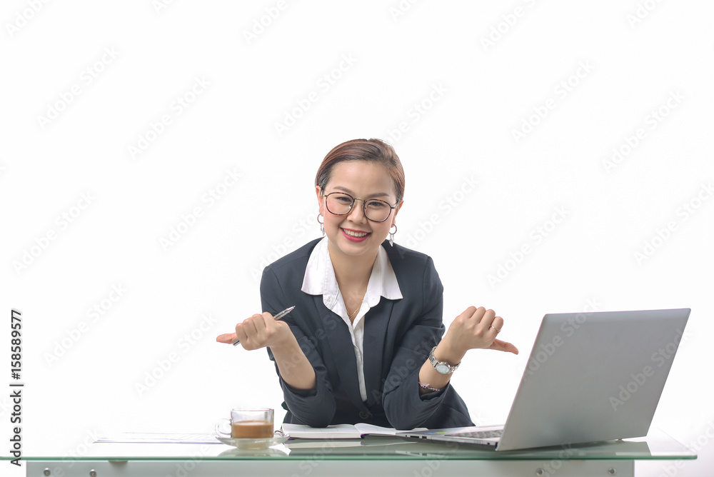 Business People woman Using Laptop At Desk,White Background. Business People woman Using Laptop At Desk,White Background.