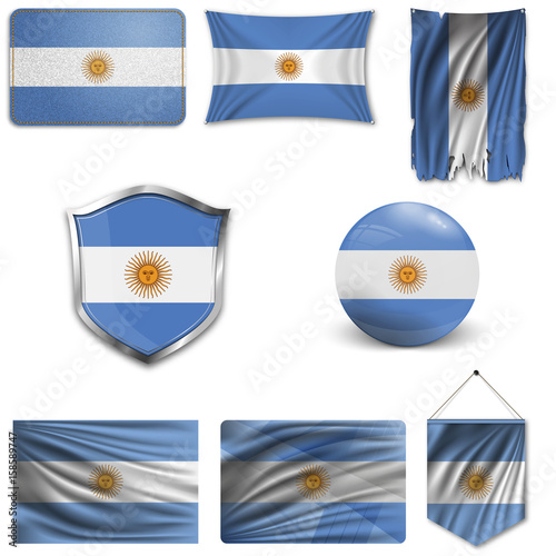 Set of the national flag of Argentina in different designs on a white background. Realistic vector illustration.