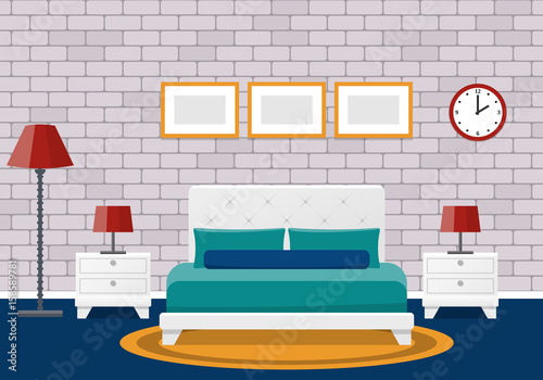 Room interior. Hotel, bedroom design with furniture. Vector flat illustration. Cartoon, animated fitments with brick wall and carpet.