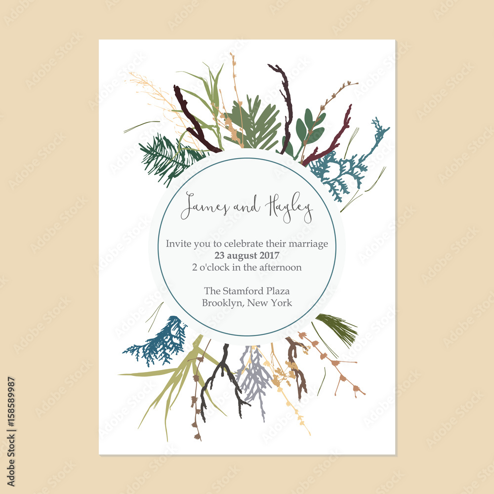 The text is in a circle. Frame of branches and grass wedding invitation card template vector The text is in a circle. Frame of branches and grass wedding invitation card template vector