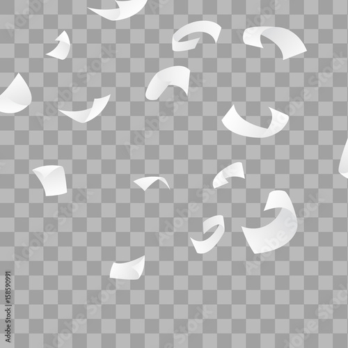 Abstract falling white paper sheets background. Flying scattered graphic note pile soaring in chaotic way