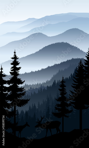 vector blue morning in mountains with couple of deers