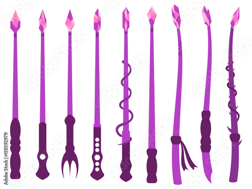 Magic wands. Magic crystal and magical objects. Wizard tool. Vector illustration