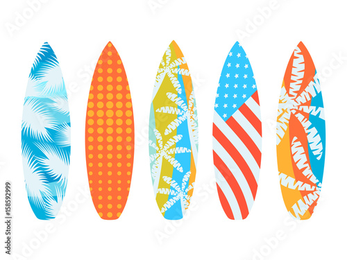 Surfboards on a white background. Types of surfboards with a pattern. Vector illustration