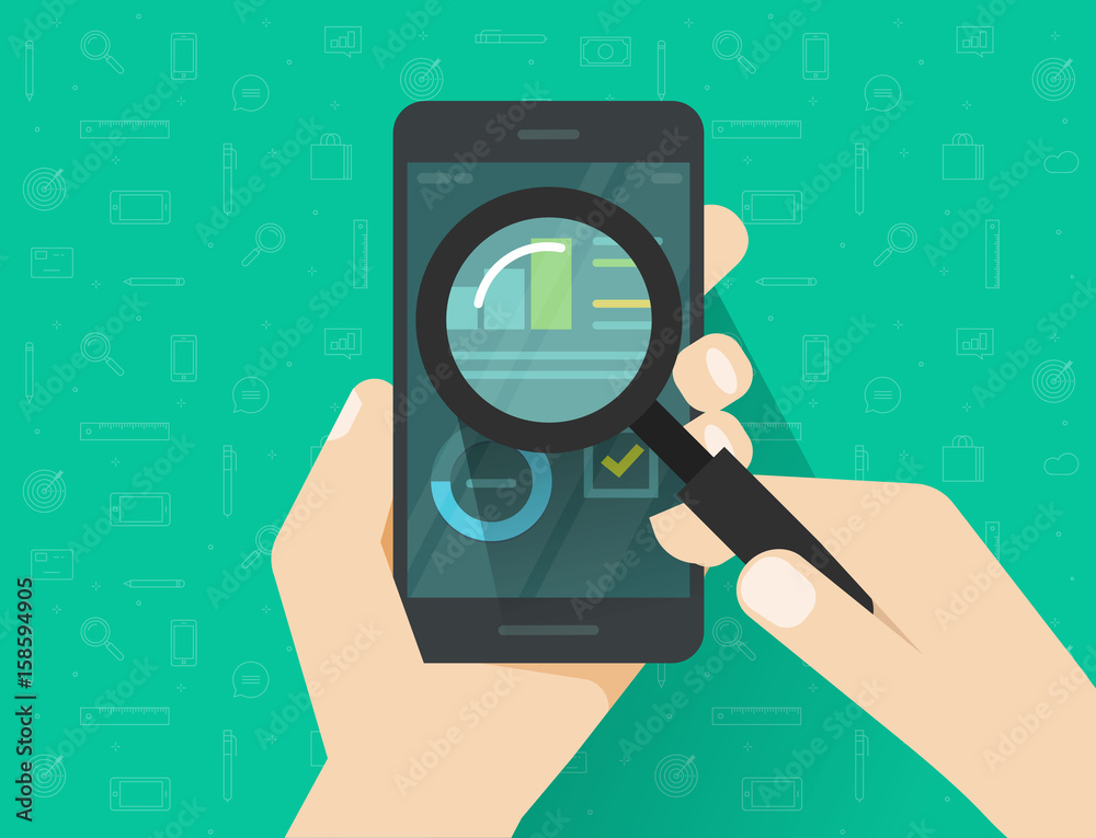 Analytics data on mobile phone screen analysing with magnifier glass vector, flat style statistics information research results on smartphone, cellphone display with growth graph and chart report Analytics data on mobile phone screen analysing with magnifier glass vector, flat style statistics information research results on smartphone, cellphone display with growth graph and chart report