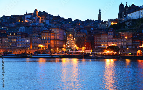 Porto, Portugal - 2nd May, 2017: Ribeira (old town) of Porto at night, seen from the other river side