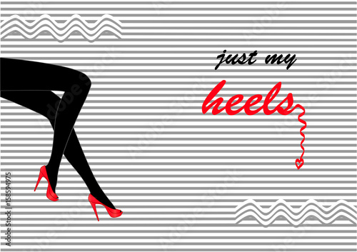 Silhouette of long female legs in red high-heeled shoes sitting on a grey-white striped background, side view, horizontal