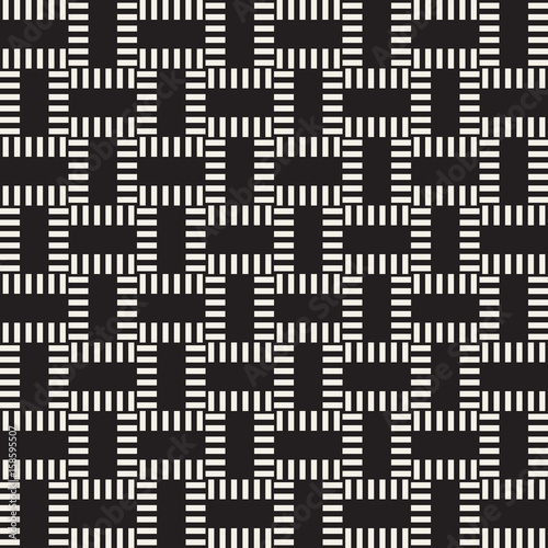 Crosshatch vector seamless geometric pattern. Crossed graphic rectangles background. Checkered motif. Seamless black and white texture of crosshatched lines. Trellis simple fabric print.