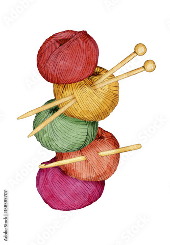hand drawn watercolor tower of colorful balls of yarn with knitting needles and crochet hook on white background