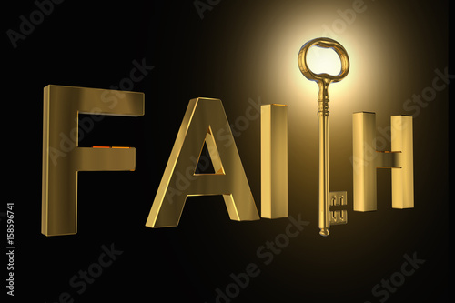3D rendering of the golden key in faith letters