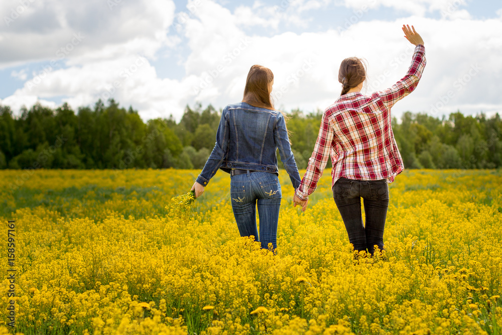 Walk, field, flowers, girls