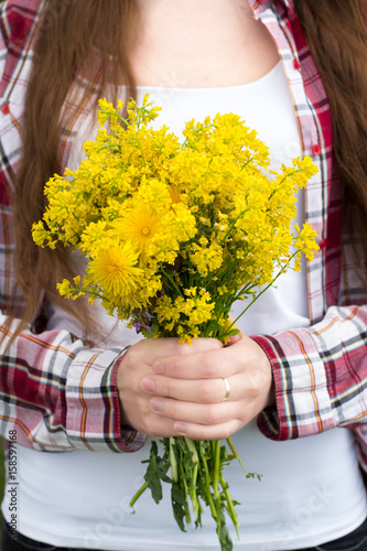 Girl, hands, ring, wild flowers