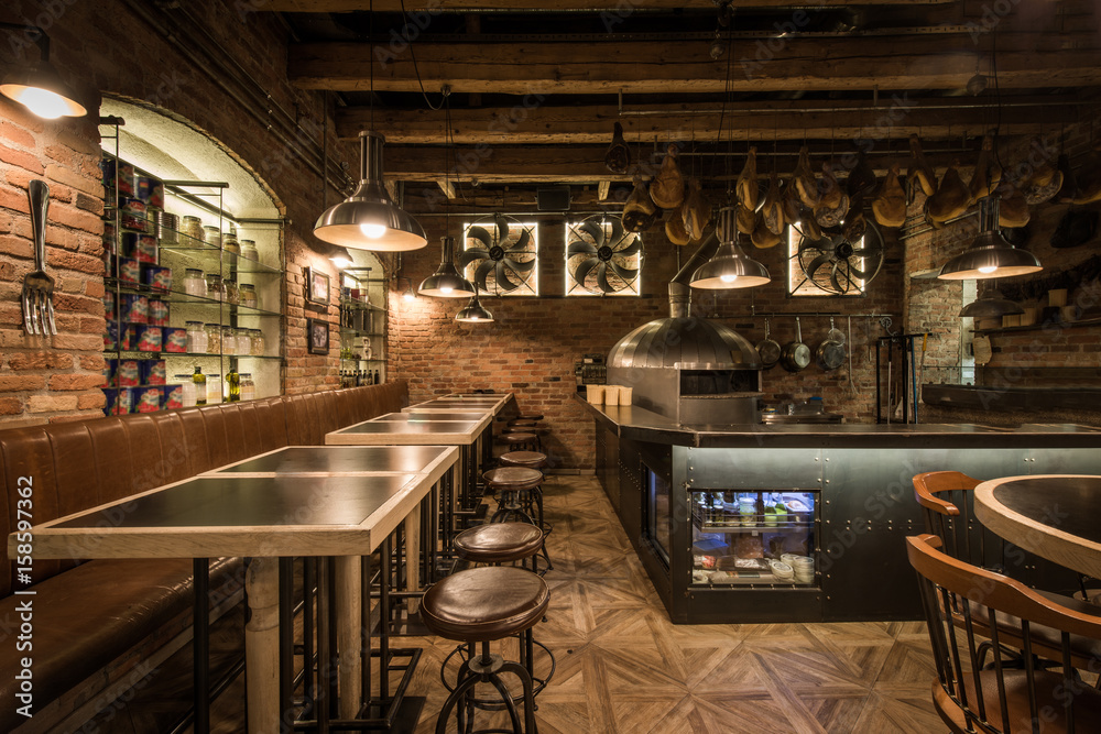 Interior of pizza restaurant with wood fired oven - obrazy, fototapety, plakaty 